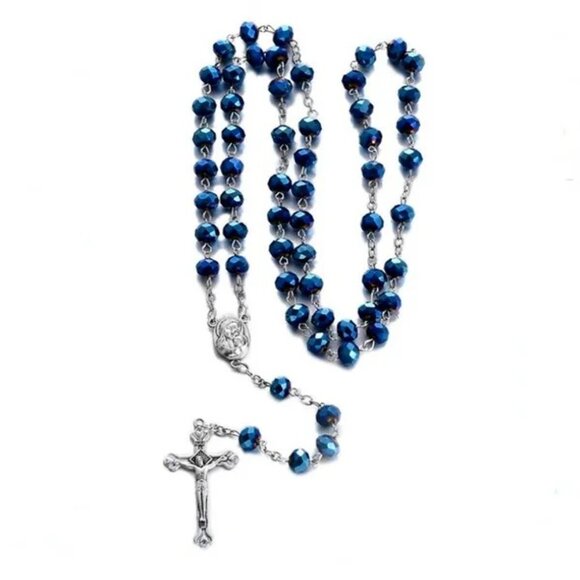 Deep Metallic Blue Crystal Rosary Necklace Jesus Cross Religious Jewelry NWOT - Picture 4 of 13